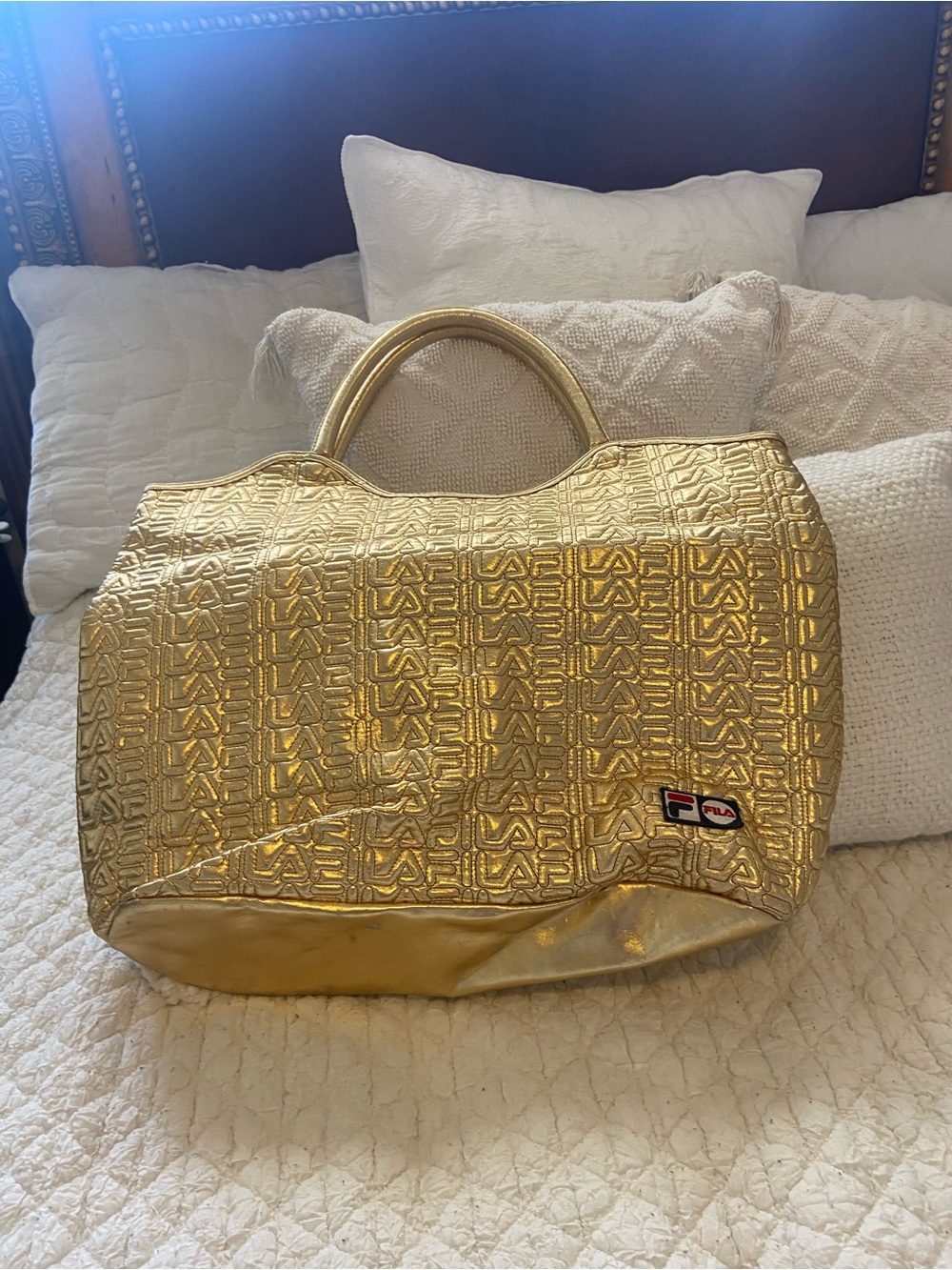 FILA Gold Quilted Logo Tote with Top Handles